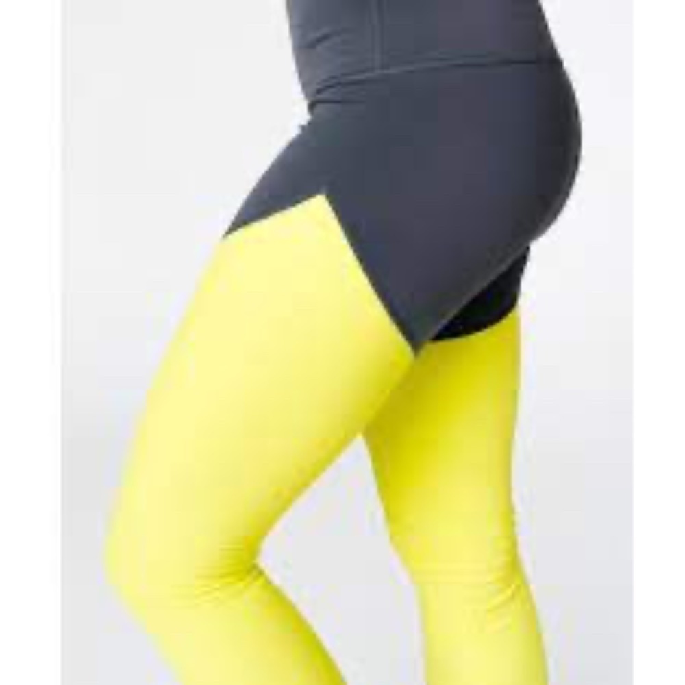 Zyia Active Neon Yellow / Gray Parallel Luxe Hi-Rise Ribbed Leggings Sz 4